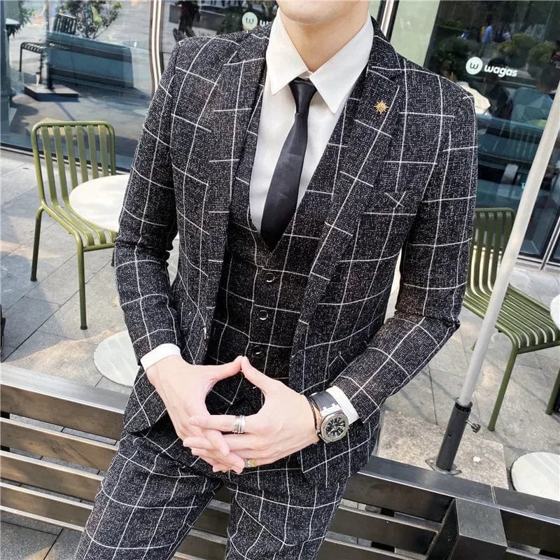 Showlu Fashion Store Black / Asian L is US 2XS 2023 Fashion New Men's Leisure Boutique Business Plaid Slim Suit 3 Pcs Set / Male Linen Striped Dress Blazers Jacket Pants Vest