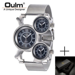 Showlu Fashion Store black(box) Oulm HT1167 Mens Watches Top Brand Luxury Men's Military Outdoor Wrist Watch 3 Time Zone Sport Brown Male Full Steel Clock