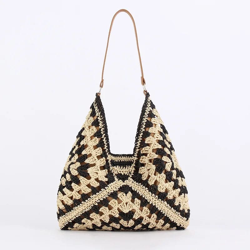  Showlu Fashion Store Black-brown Women Straw Tote Bag Large Capacity Vintage Vacation Shoulder Bag Everything Casual Handbag Designer Hollow Summer Beach Bag