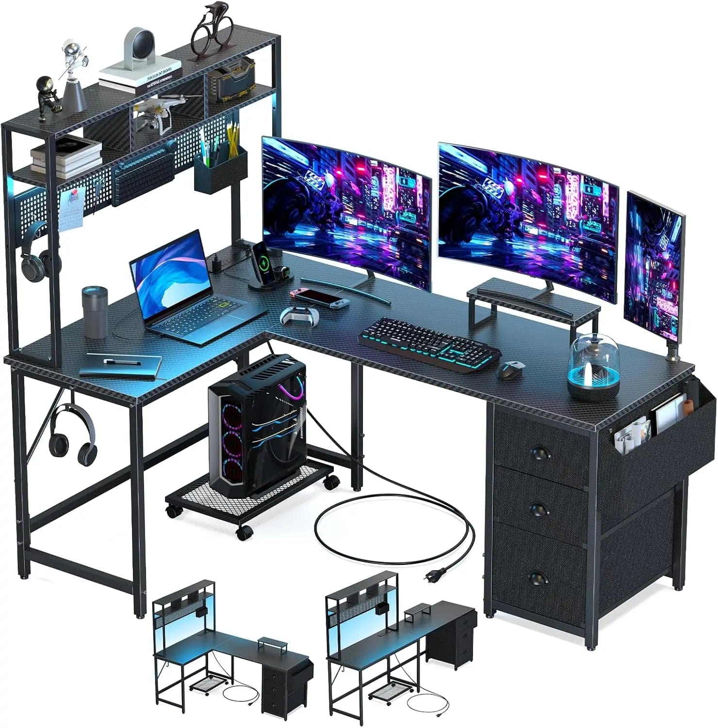 SHOWLU FASHION STORE Black Carbon Fiber / United States Gaming Desk Computer Desk with Pegboard & Shelves Large L Shaped Desk with Drawers, Power Outlet & LED