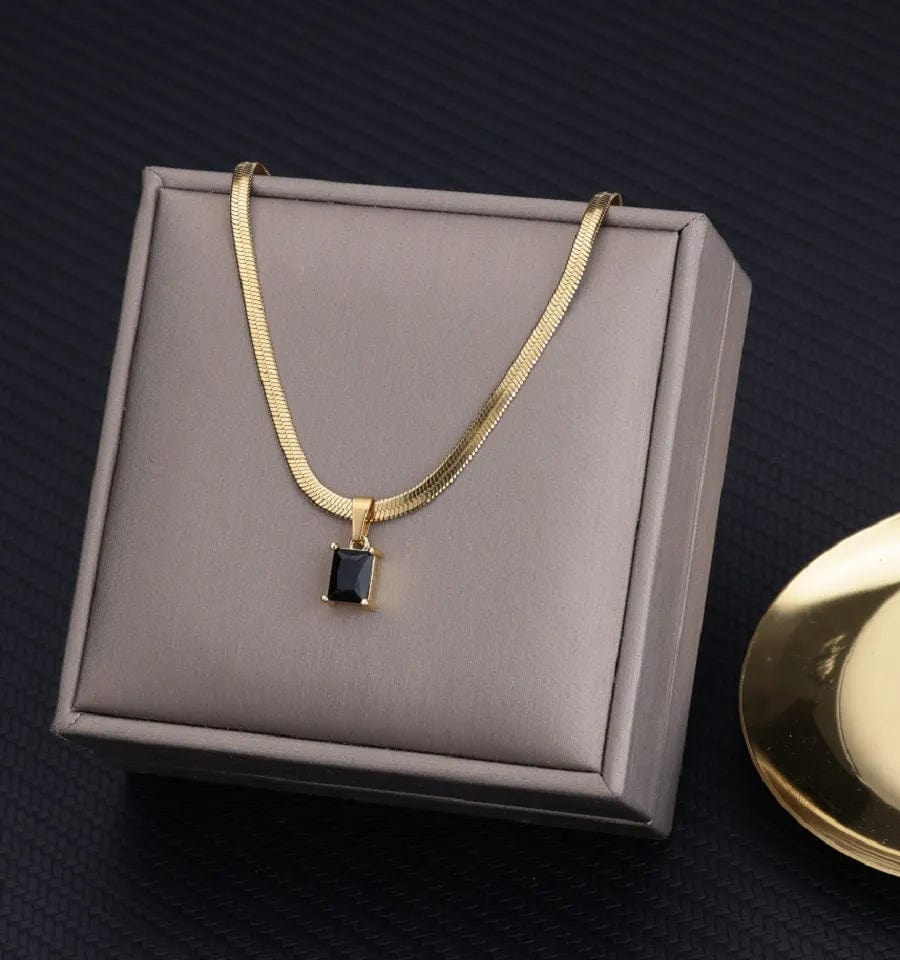  Showlu Fashion Store black / CHINA Vintage Rust Steel Zircon Necklace Flat Snake Bone Chain Blade Chain Square Emerald Pendant Necklace Women Dropshipping