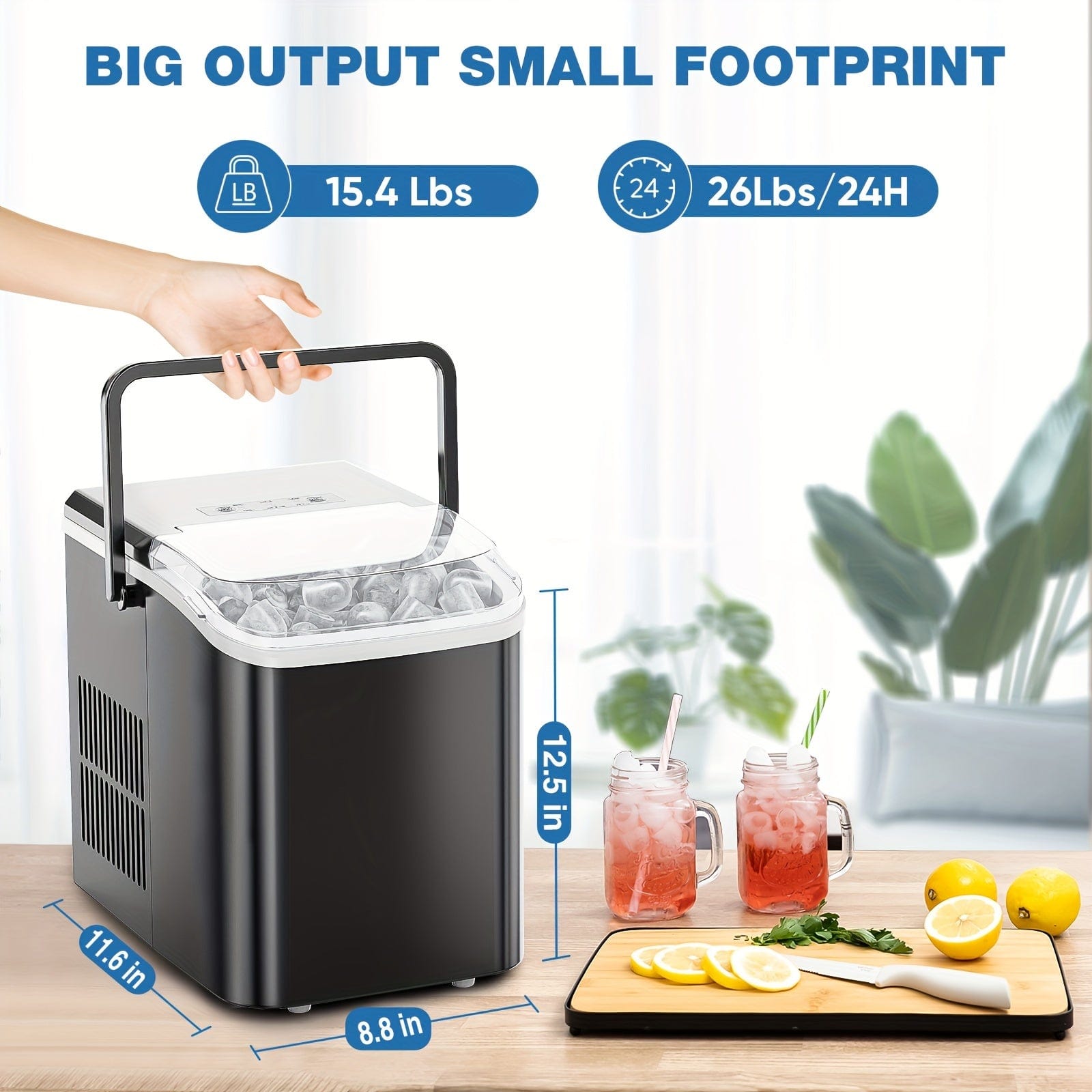 SHOWLU FASHION STORE Black Countertop Ice Maker, Portable Ice Machine Self-Cleaning, 9 Cubes in 6 Mins, 26.5lbs/24Hrs, 2 Sizes of Bullet Ice, with Ice Scoop, Basket and Handle, Ice Cube Maker for Home Kitchen Party