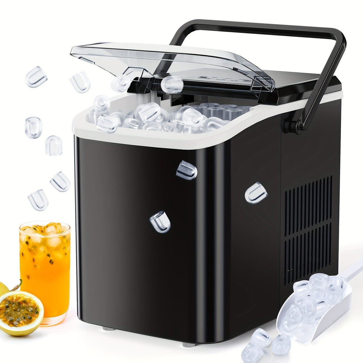 SHOWLU FASHION STORE Black Countertop Ice Maker, Portable Ice Machine Self-Cleaning, 9 Cubes in 6 Mins, 26.5lbs/24Hrs, 2 Sizes of Bullet Ice, with Ice Scoop, Basket and Handle, Ice Cube Maker for Home Kitchen Party