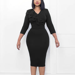 SHOWLU FASHION STORE Black Dress / S Elegant Office Dresses for Women V Neck Full Sleeve Ruffles Belt Waisted Package Hips Mid Calf Professional Work Dress Midi Robe