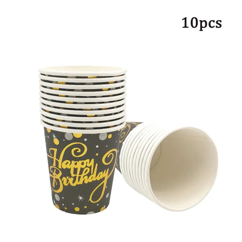 Showlu Fashion Store Black Gold Happy Birthday Disposable Tableware Paper Plates Cups Napkins For Men Women Adult Birthday Party Anniversary Supplies