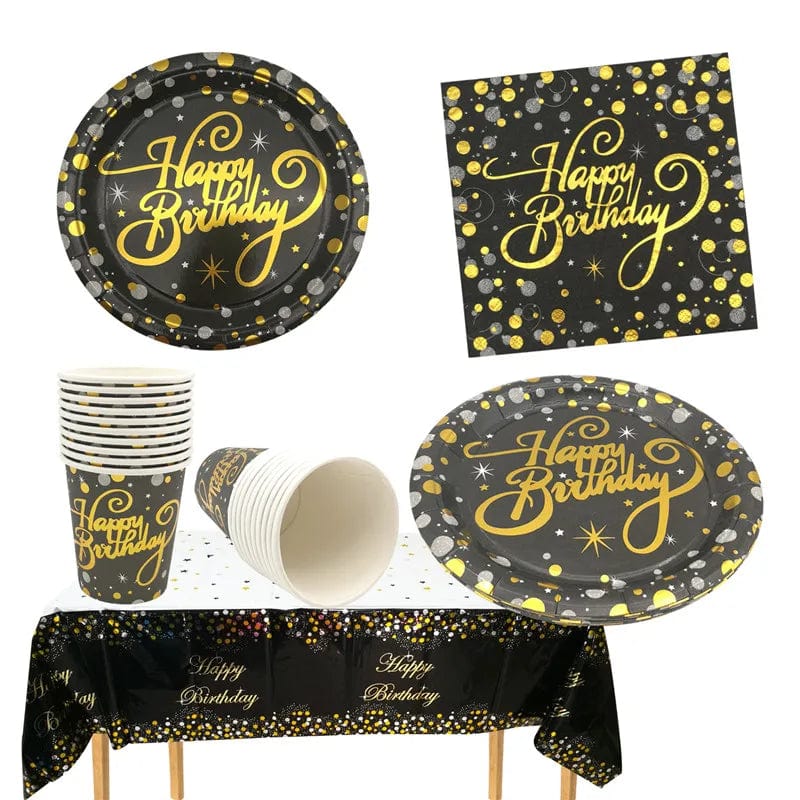 Showlu Fashion Store Black Gold Happy Birthday Disposable Tableware Paper Plates Cups Napkins For Men Women Adult Birthday Party Anniversary Supplies