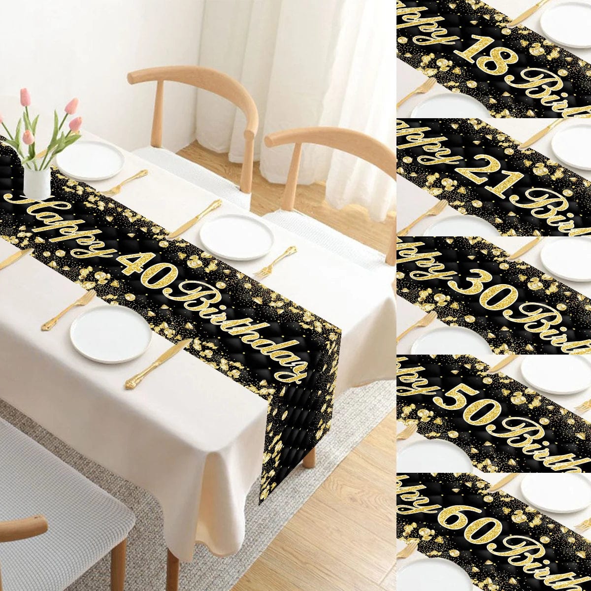 Showlu Fashion Store Black Gold Happy Birthday Table Runner 18 21 30 40 50 60th Birthday Party Decoration For Home Adult Anniversary