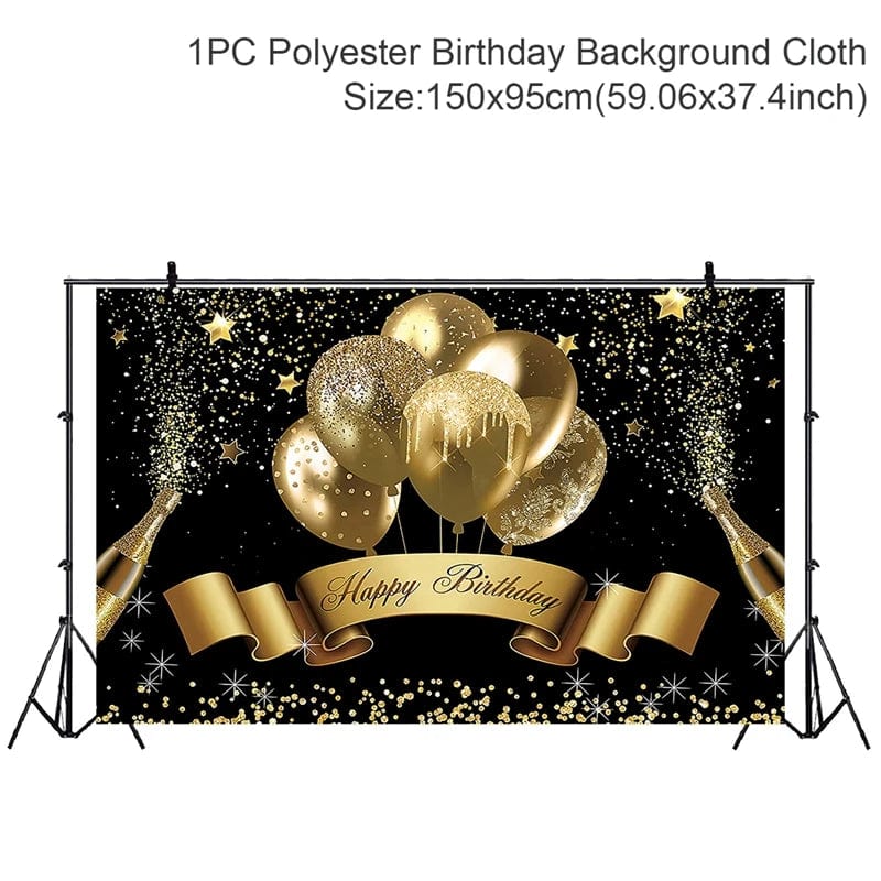 Showlu Fashion Store Black Golden Happy Birthday Backdrop Banner Background 30th 40th 50th Birthday Photo Background Birthday Party Backdrop Decor