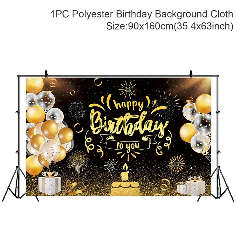 Showlu Fashion Store Black Golden Happy Birthday Backdrop Banner Background 30th 40th 50th Birthday Photo Background Birthday Party Backdrop Decor