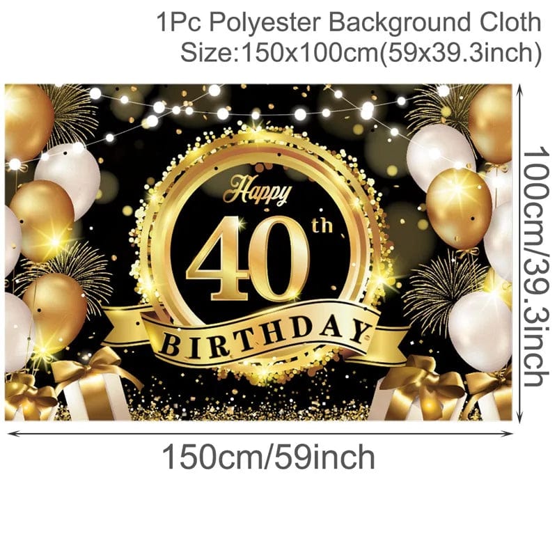 Showlu Fashion Store Black Golden Happy Birthday Backdrop Banner Background 30th 40th 50th Birthday Photo Background Birthday Party Backdrop Decor