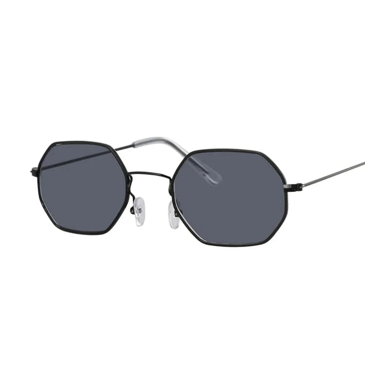 Showlu Fashion Women's square metal sunglasses with UV400 mirror lenses, black-gray small frame, stylish for sun protection.