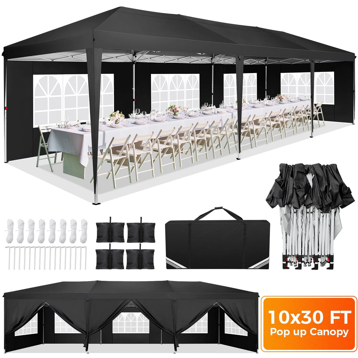  Showlu Fashion Store BLACK Hoteel 10x30Party Pop Up Canopy Tent, Removable Canopy Tent with 8 Side Walls, Waterproof Commercial Instant Shelter Tent for Weddings, Patio with Tote Bag and 4 Sandbags