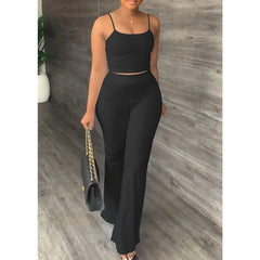  Showlu Fashion Store Black / L Pant Sets Women 2023 Summer Sexy Spaghetti Strap Crop Top & Loose Flare Pants Suits Casual Simple Solid Two Piece Set Outfits