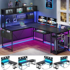 SHOWLU FASHION STORE Black L-shaped Game Table, Reversible Computer Table with Power Socket and Pin Board, Game Table with LED Light, Black