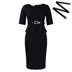 SHOWLU FASHION STORE black / M 2024 new women's lapel fashion temperament short-sleeved ruffled waist dress