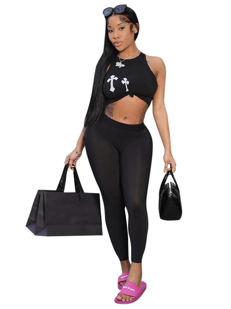  Showlu Fashion Store Black / M CUTENOVA Summer New Printing Jogger Pants Two Piece Sets Women Round Neck Sleeveless Crop Top And Skinny Pants Outfit Tracksuits