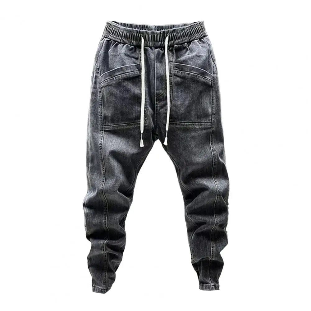  Showlu Fashion Store Black / M Elastic Waist Jeans Men's Elastic Drawstring Waist Denim Cargo Pants With Pockets Solid Color Harem Trousers For Spring Autumn