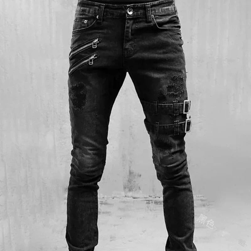  Showlu Fashion Store Black / M Men Slim Biker Ripped Long Denim Trousers Skinny Jeans Pocket Side Straps and Zips Male Jogging Pants Destroyed Stretchy Pants