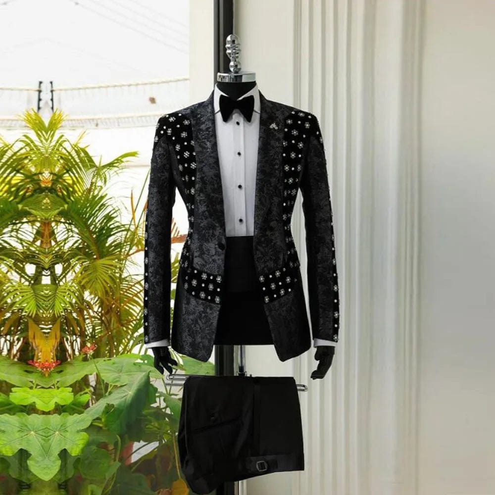 SHOWLU FASHION STORE black / M(US38 or EU48) / CHINA Man Formal Party Groom Tuxedo Latest Design Velvet Floral Jacket Pants 2 Pieces Male Chic Suit Slim Fit Trajes De Hombre Elegant