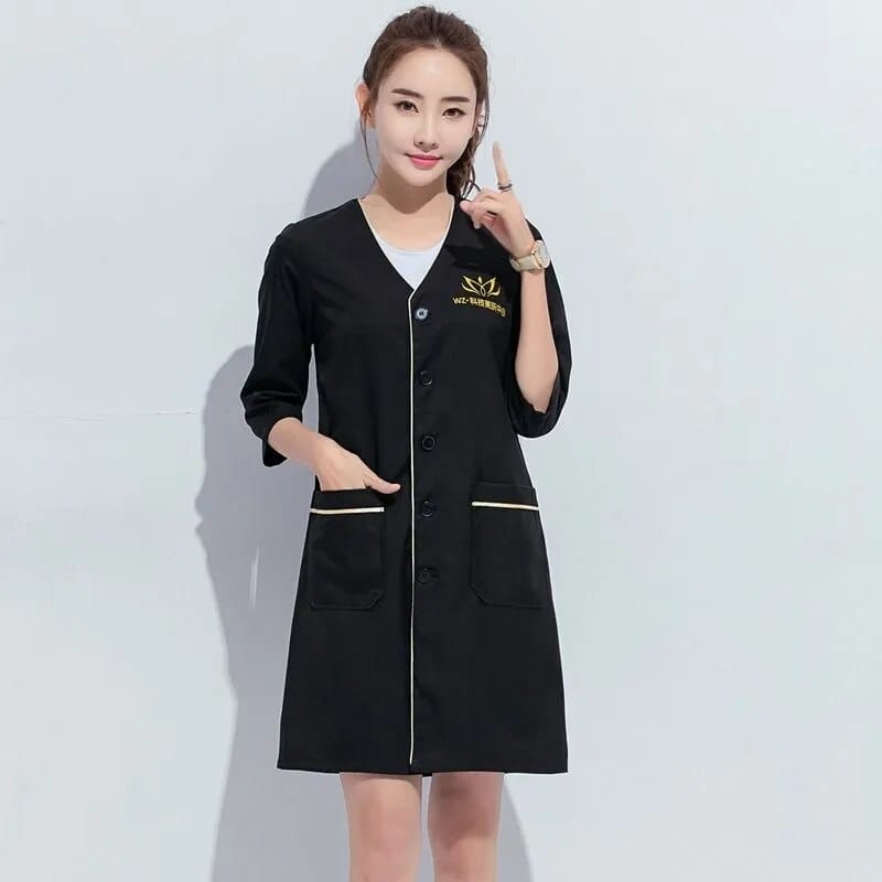 Showlu Fashion Store black-middle / XS Black short beauty uniform dress spa uniform scrub uniform white plus size Salon grooming clothes Lab coat logo Beautician tops