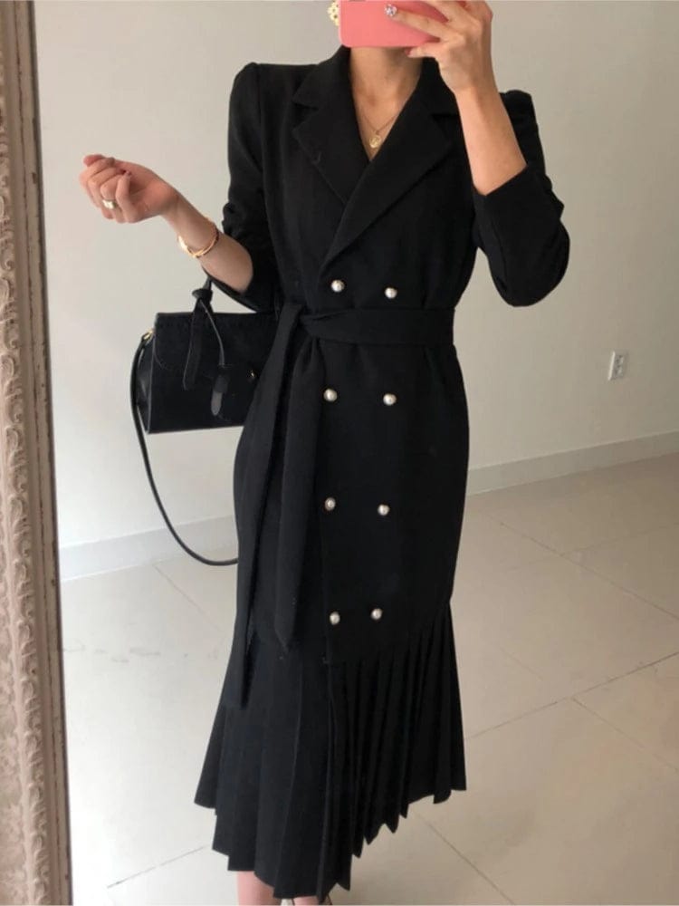  Showlu Fashion Store Black / One Size Spring Autumn Women Korean Fashion Solid Suits Dress Double Breasted Long Sleeve Vestdios Elegant Office Lady Blazer Robe