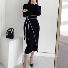 SHOWLU FASHION STORE black / One Size YuooMuoo Chic Fashion Knitted Dresses 2024 Autumn Winter Women Lace-up Long Sleeve Sweater Dress Elegant Office Lady Vestidos