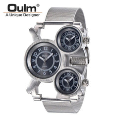 Showlu Fashion Store black Oulm HT1167 Mens Watches Top Brand Luxury Men's Military Outdoor Wrist Watch 3 Time Zone Sport Brown Male Full Steel Clock