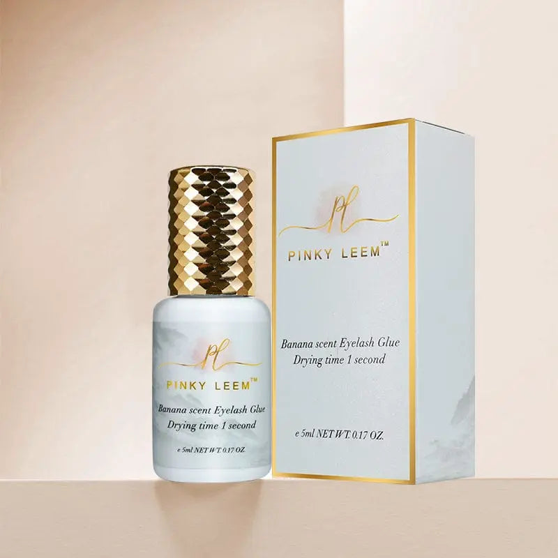 Pink Leem Banana Scent Eyelash Extension Glue by Showlu Fashion Store, latex-free Korean adhesive with black packaging.