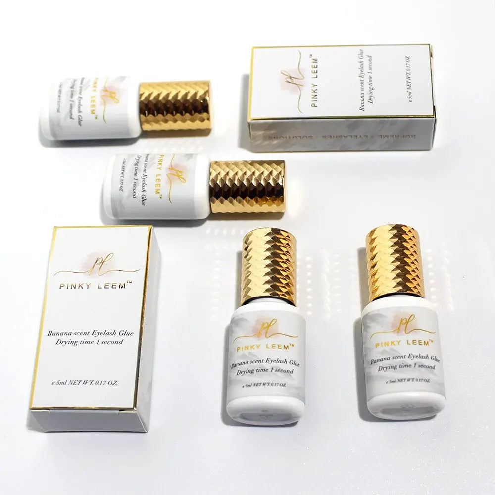 Pink Leem Banana Scent Eyelash Extension Glue by Showlu Fashion Store, latex-free Korean eyelash adhesive with black packaging.
