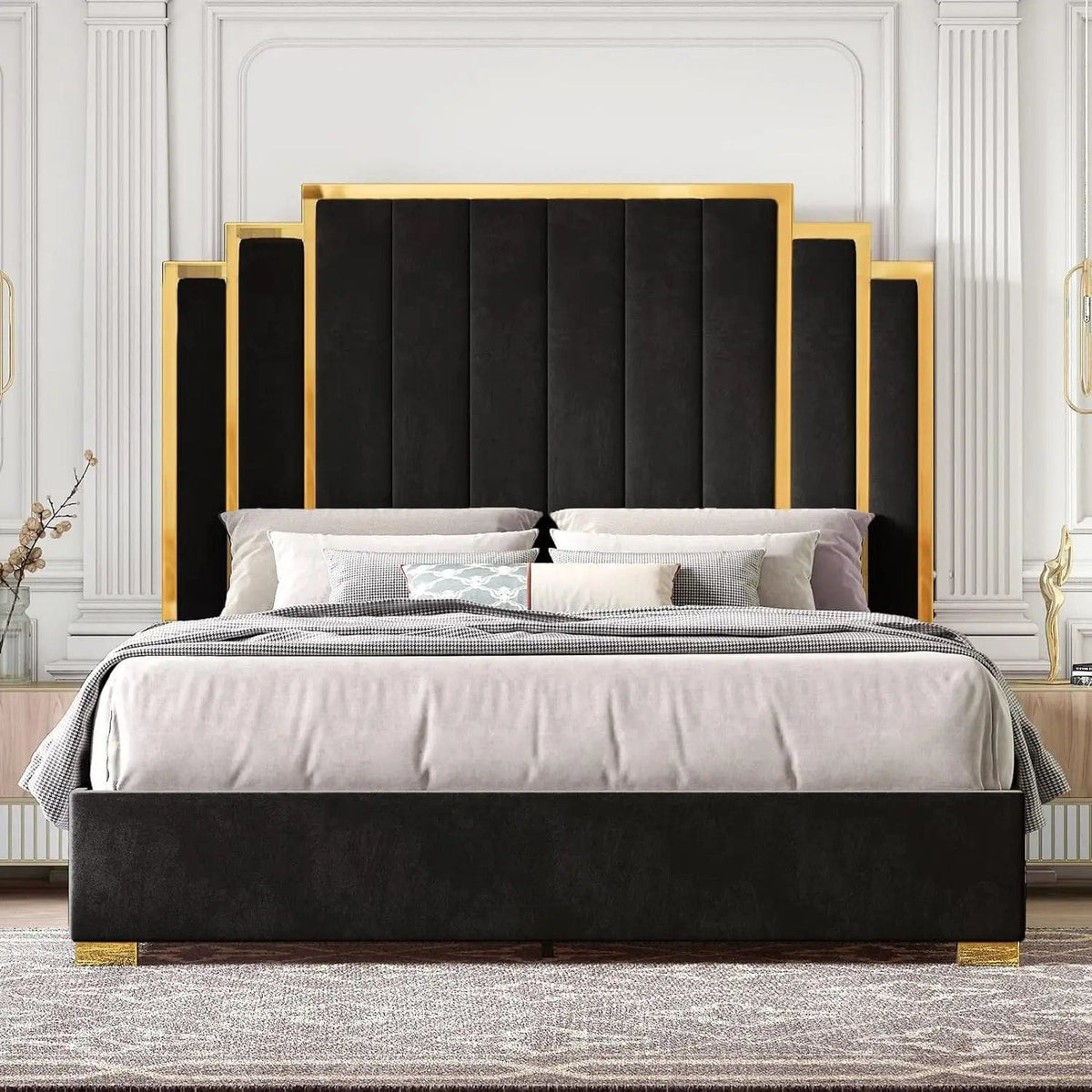 SHOWLU FASHION STORE Black / Queen / United States Queen Size Bed Frame and 61" Headboard, Upholstered Bed with Golden Plating Trim, Modern Platform Bed