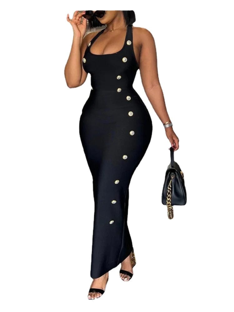 Showlu Fashion Store black / S 2023 New Summer Dress Women's Sexy Halter Sleeveless Buttoned Maxi Bodycon Dress Elegant Evening Party Dress Vestidos