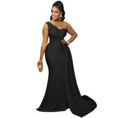 SHOWLU FASHION STORE Black / S 2024 Women Fashion Solid Color Tight One-Shoulder Long Dress Wedding Bridesmaid Mop The Floor Dress Sexy Night Party Red Dress