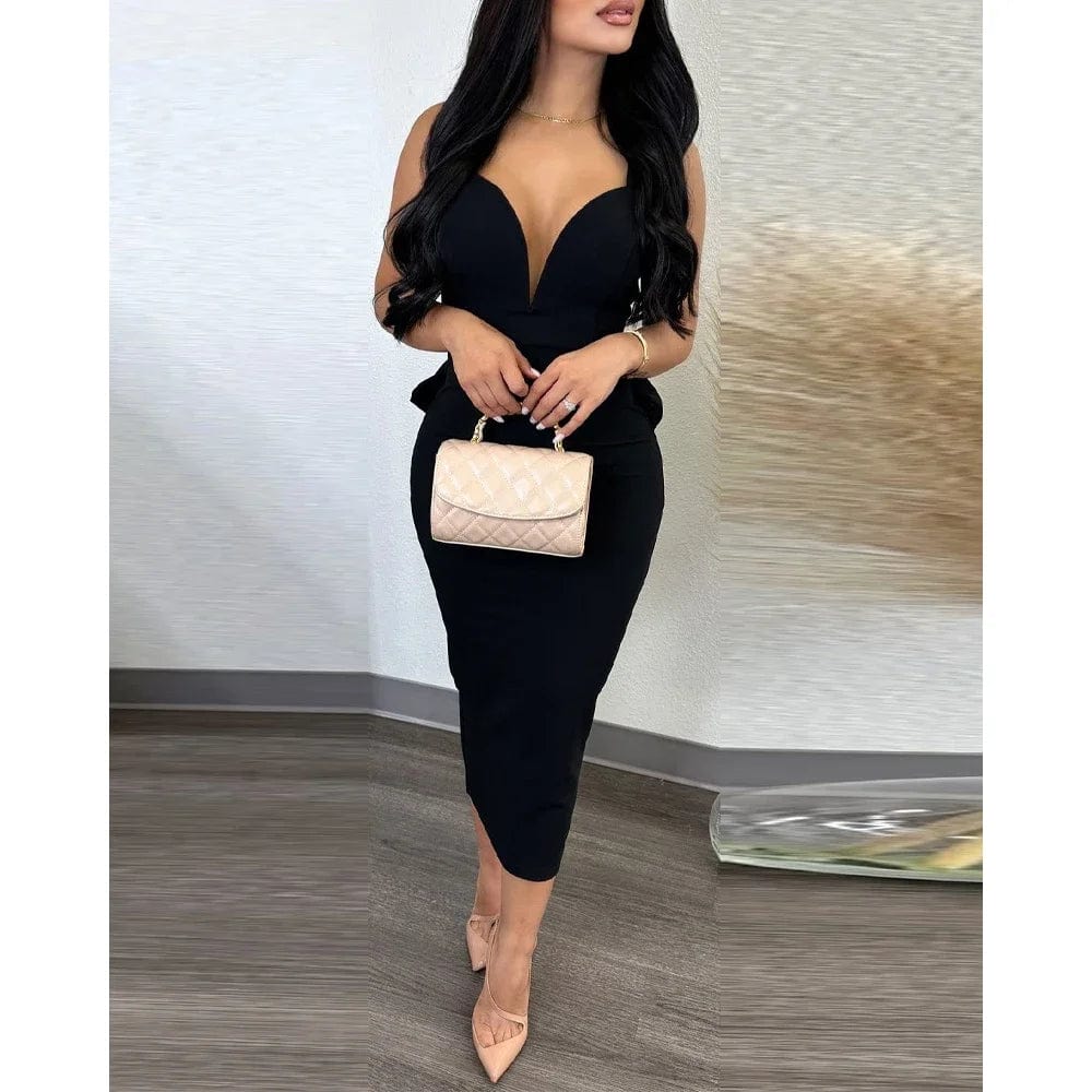 Showlu Fashion Store black / S Autumn 2023 Vestidos Sexy Party Dresses Women Plunging V-neck Sleeveless Backless Bowknot Ruffles Back Bodycon Midi Dress