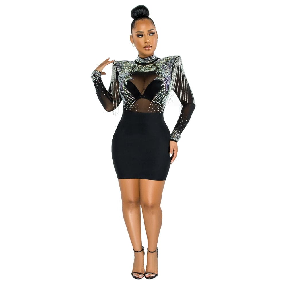 Showlu Fashion Store Black / S / China 2022 Women Long Sleeve Crystal Mesh Diamond Embellished Bodycon Dress Sexy Evening See Through Outfits Night Club Party Vestido