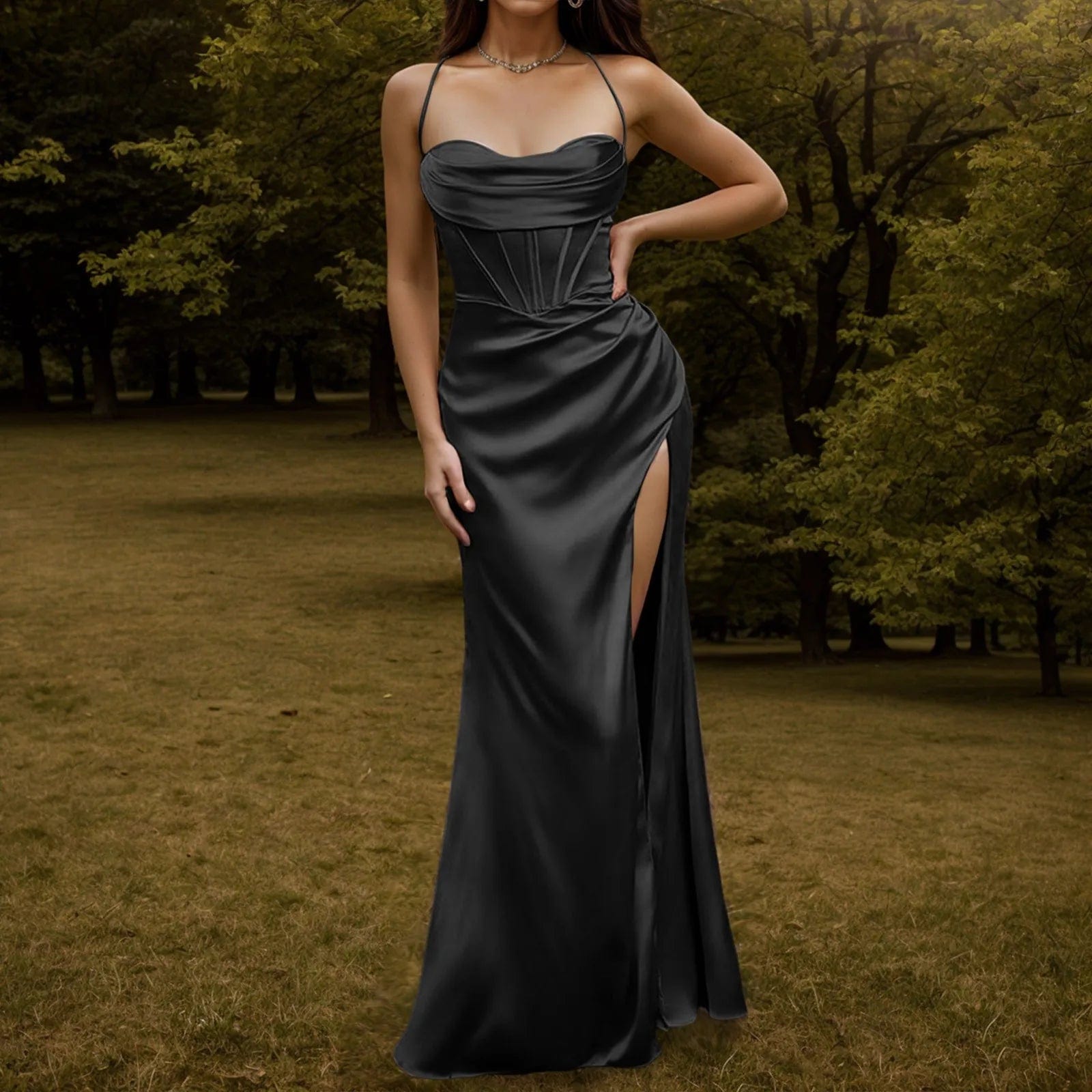  Showlu Fashion Store Black / S Elegant Spaghetti Strap Satin Corset Evening Dress