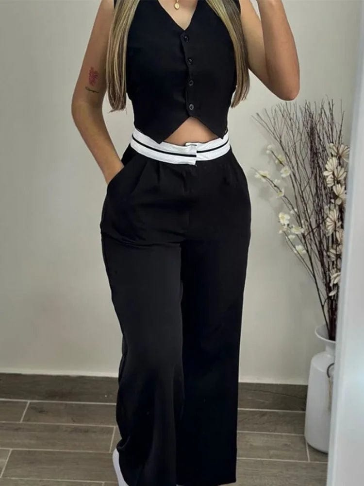 SHOWLU FASHION STORE black / S Fashion Casual Sexy Elegant V Neck Buttoned Vest Top Two Piece Sets Solid Pocket Straight Pants Womens 2024 New Summer Pant Sets