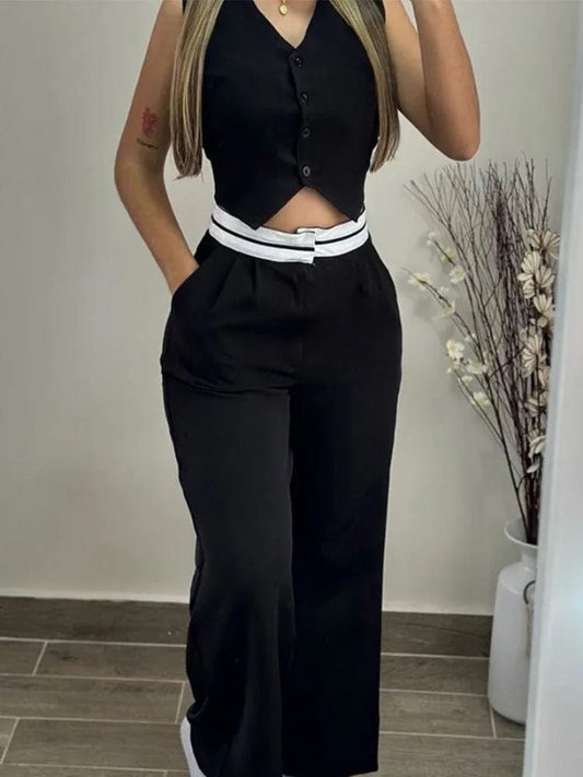 SHOWLU FASHION STORE black / S Fashion Casual Sexy Elegant V Neck Buttoned Vest Top Two Piece Sets Solid Pocket Straight Pants Womens 2024 New Summer Pant Sets