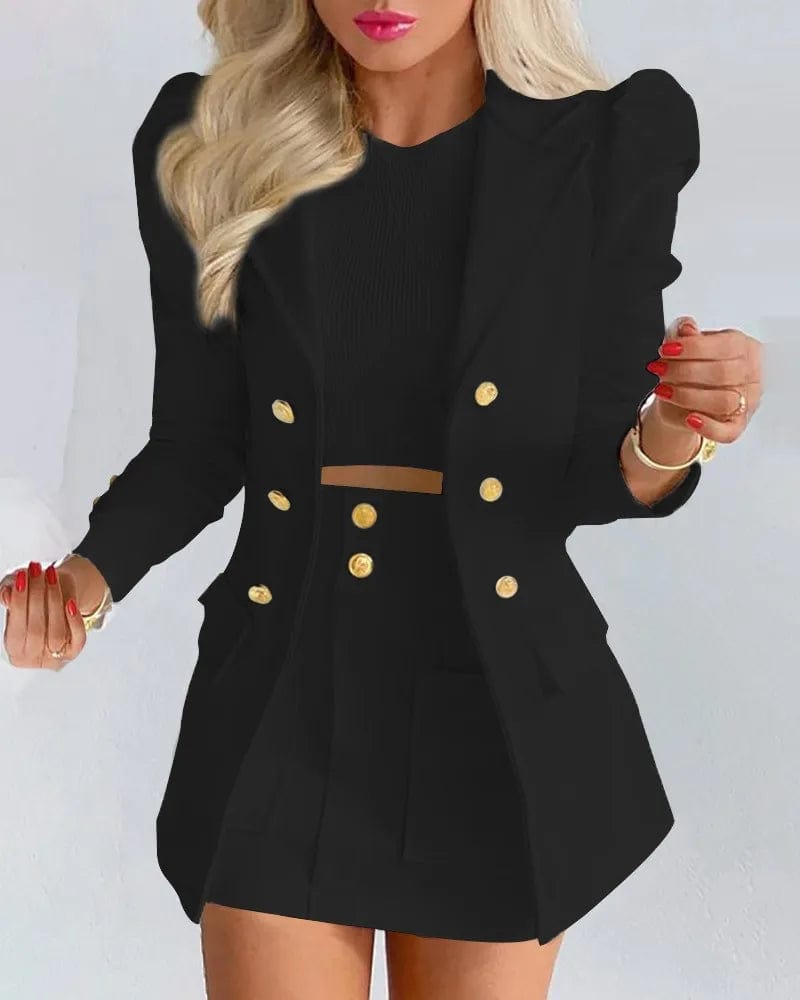  Showlu Fashion Store Black / S Long Sleeve Suit Jacket Dress Set Spring Fashion Elegant Solid Turn Down Collar Coat Buns Two Piece Sets For Women Outfit 2023