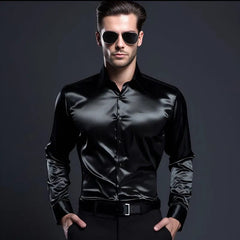  Showlu Fashion Store black / S Mens Satin Silk Dress Shirt Long Sleeve Slim Business Formal Casual Tops Classic