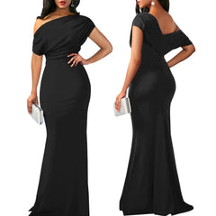  Showlu Fashion Store Black / S Women Oblique Shoulder Slim Folds Long Dress Elegant Evening Party Floor Length Dresses Vestido de festa