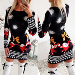  Showlu Fashion Store black / S Women Summer Dress Round Collar Show Thin Selling long-sleeved Christmas Printing Knitting Dresses Casual Vestidos YML00112