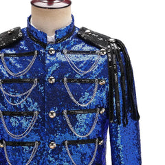 SHOWLU FASHION STORE Black Sequin Coat Steampunk Blazer Stand Collar Fringe Design Blazer Nightclub Costume Party Prom Rock Outfit Blue Stage Clothes