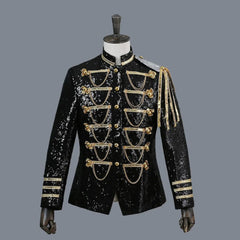 SHOWLU FASHION STORE Black Sequin Coat Steampunk Blazer Stand Collar Fringe Design Blazer Nightclub Costume Party Prom Rock Outfit Blue Stage Clothes