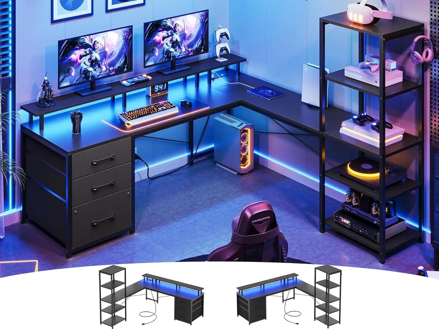 SHOWLU FASHION STORE Black Shaped Gaming Desk, Reversible 55” Corner Computer Desk with 3 Fabric Drawers and Storage Shelves, Black Gaming Desk