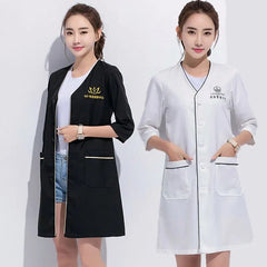 Showlu Fashion Store Black short beauty uniform dress spa uniform scrub uniform white plus size Salon grooming clothes Lab coat logo Beautician tops