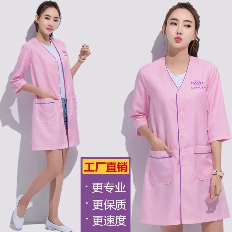 Showlu Fashion Store Black short beauty uniform dress spa uniform scrub uniform white plus size Salon grooming clothes Lab coat logo Beautician tops