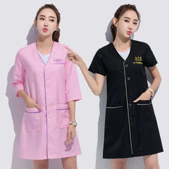 Showlu Fashion Store Black short beauty uniform dress spa uniform scrub uniform white plus size Salon grooming clothes Lab coat logo Beautician tops