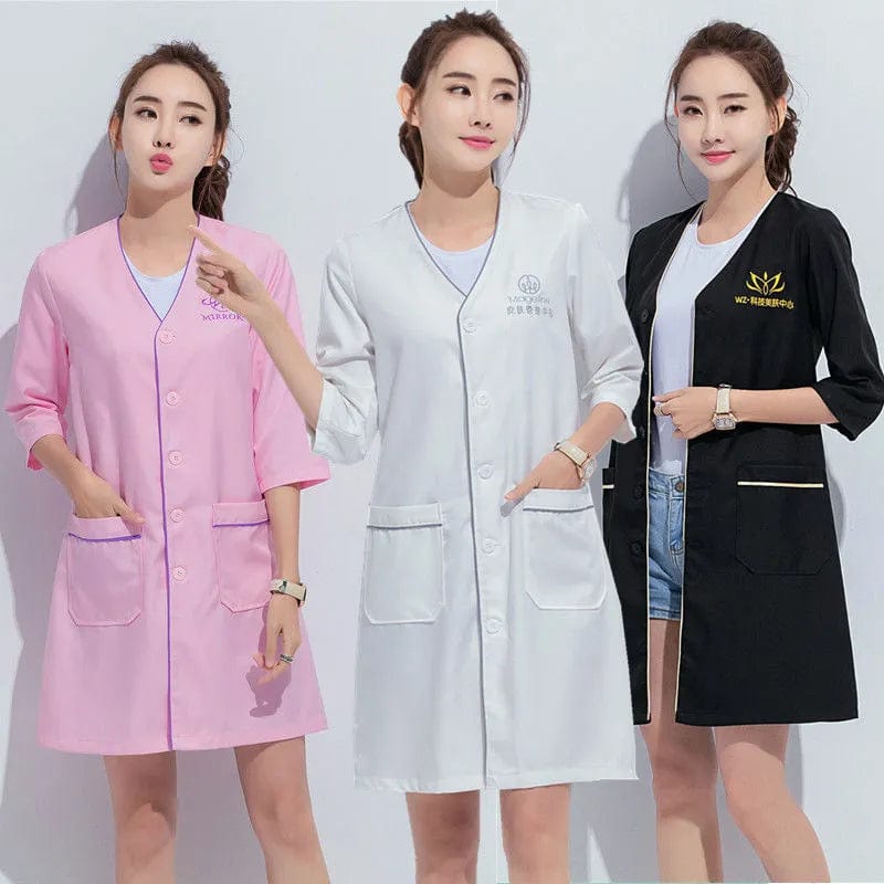 Showlu Fashion Store Black short beauty uniform dress spa uniform scrub uniform white plus size Salon grooming clothes Lab coat logo Beautician tops