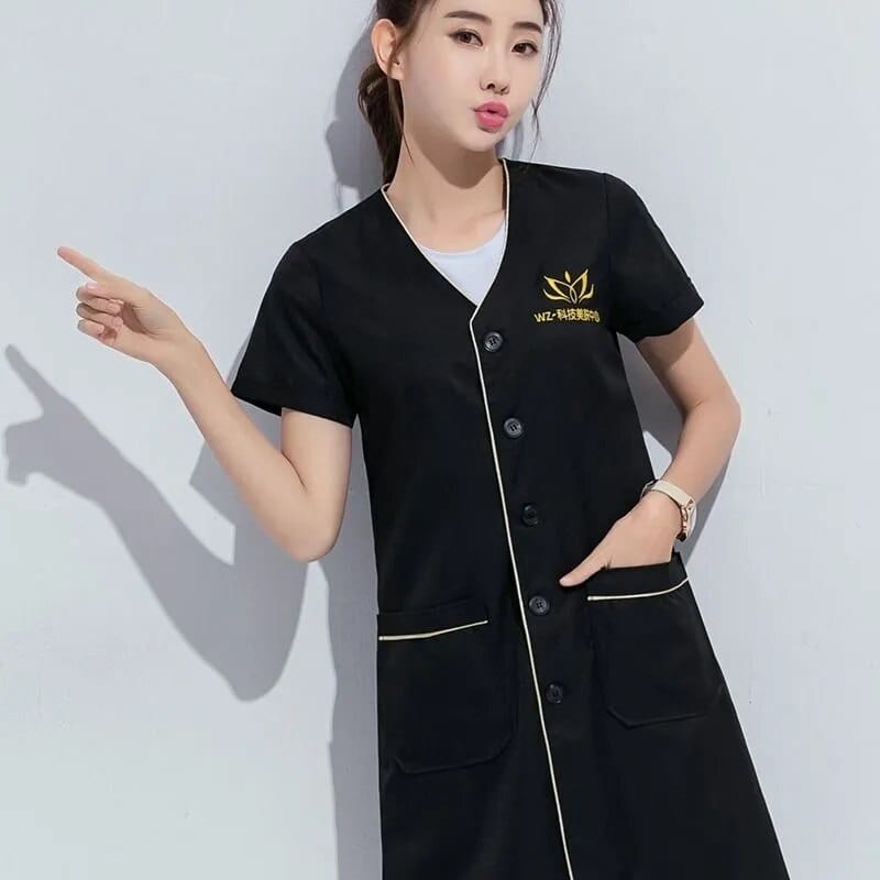 Showlu Fashion Store black short / XS Black short beauty uniform dress spa uniform scrub uniform white plus size Salon grooming clothes Lab coat logo Beautician tops