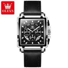 SHOWLU FASHION STORE Black Silver Black / CN OLEVS 9919 Quartz Watch for Men Chronograph Multifunctional Wristwatch Leather strap Square Big Dial Leisure Sports Mens Watches